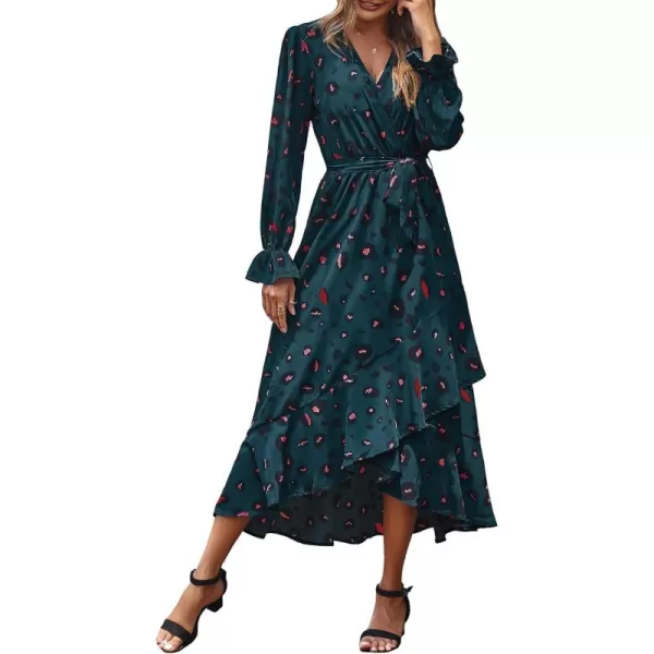 BTFBM Women Long Sleeve Wrap Maxi Dress V Neck Boho Floral High Waist Flowy Ruffle 2024 Spring Summer Dresses with BeltLeopard Navy