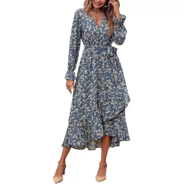 BTFBM Women Long Sleeve Wrap Maxi Dress V Neck Boho Floral High Waist Flowy Ruffle 2024 Spring Summer Dresses with BeltPrint Floral Blue
