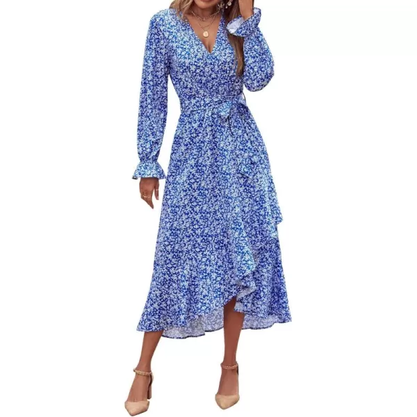 BTFBM Women Long Sleeve Wrap Maxi Dress V Neck Boho Floral High Waist Flowy Ruffle 2024 Spring Summer Dresses with BeltWhite Floral Bright Blue