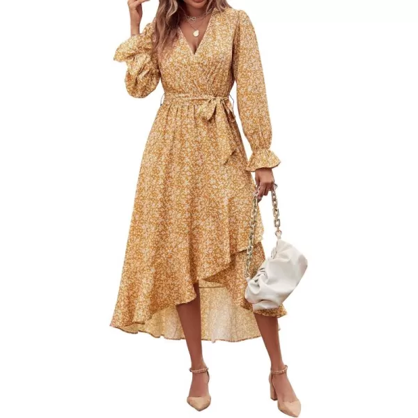BTFBM Women Long Sleeve Wrap Maxi Dress V Neck Boho Floral High Waist Flowy Ruffle 2024 Spring Summer Dresses with BeltWhite Floral Yellow