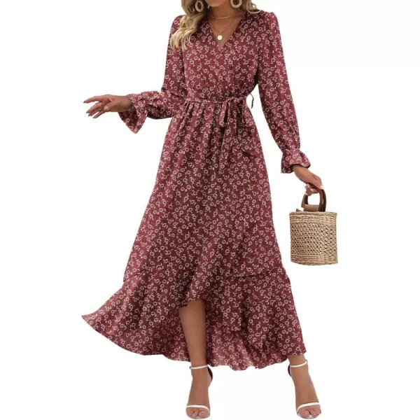 BTFBM Women Long Sleeve Wrap Maxi Dress V Neck Boho Floral High Waist Flowy Ruffle 2024 Spring Summer Dresses with BeltWine RedWhite