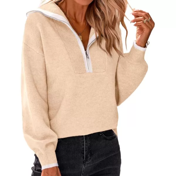 BTFBM Womens 2024 Fall Winter Half Zip Pullover Sweaters Casual V Neck Long Sleeve Ribbed Knit Loose Jumper TopsSolid Beige