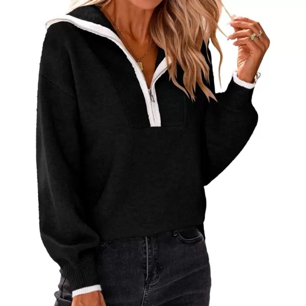 BTFBM Womens 2024 Fall Winter Half Zip Pullover Sweaters Casual V Neck Long Sleeve Ribbed Knit Loose Jumper TopsSolid Black