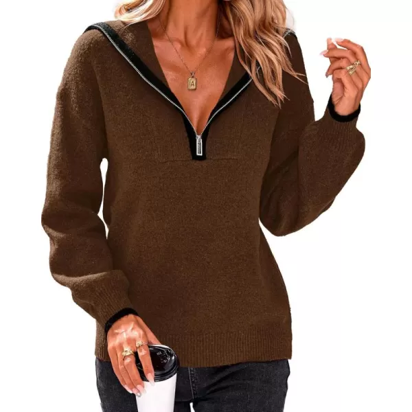 BTFBM Womens 2024 Fall Winter Half Zip Pullover Sweaters Casual V Neck Long Sleeve Ribbed Knit Loose Jumper TopsSolid Coffee