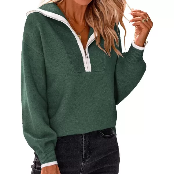 BTFBM Womens 2024 Fall Winter Half Zip Pullover Sweaters Casual V Neck Long Sleeve Ribbed Knit Loose Jumper TopsSolid Dark Green