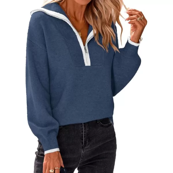 BTFBM Womens 2024 Fall Winter Half Zip Pullover Sweaters Casual V Neck Long Sleeve Ribbed Knit Loose Jumper TopsSolid Haze Blue