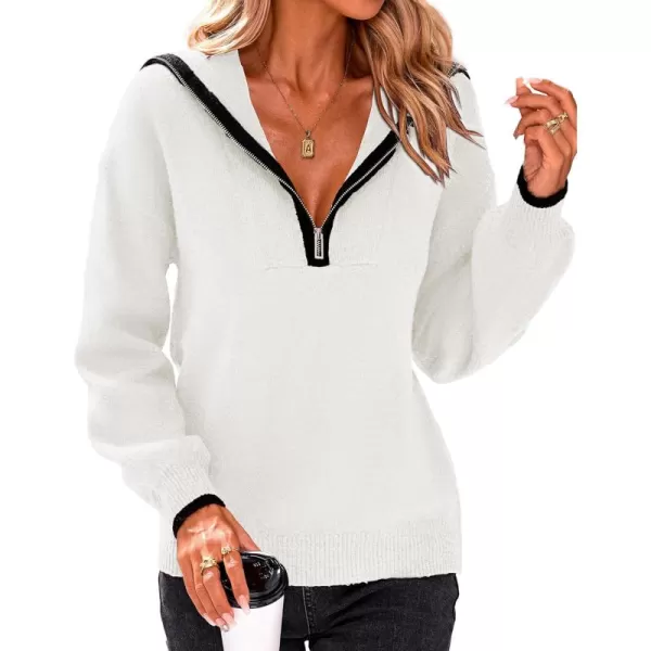 BTFBM Womens 2024 Fall Winter Half Zip Pullover Sweaters Casual V Neck Long Sleeve Ribbed Knit Loose Jumper TopsSolid White