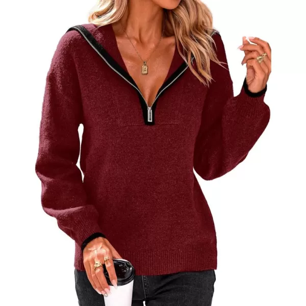 BTFBM Womens 2024 Fall Winter Half Zip Pullover Sweaters Casual V Neck Long Sleeve Ribbed Knit Loose Jumper TopsSolid Wine Red
