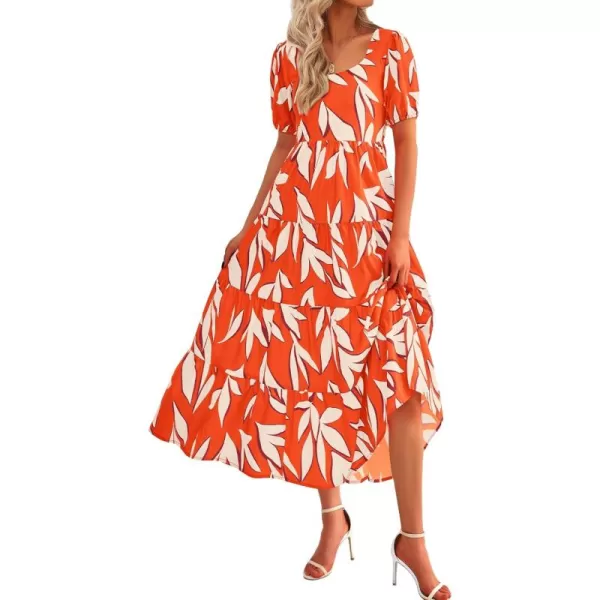 BTFBM Womens Boho Summer Dresses Short Sleeve Floral Print Smocked Tie Back Tiered ALine Flowy Cruise Vacation DressFloral Beige Orange