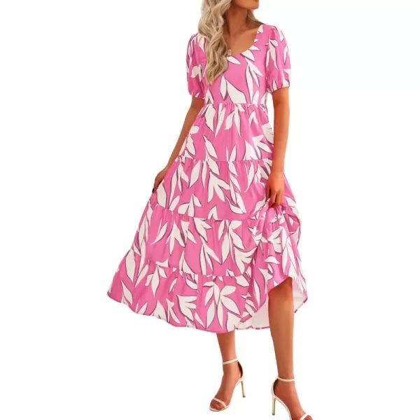 BTFBM Womens Boho Summer Dresses Short Sleeve Floral Print Smocked Tie Back Tiered ALine Flowy Cruise Vacation DressFloral Beige Pink