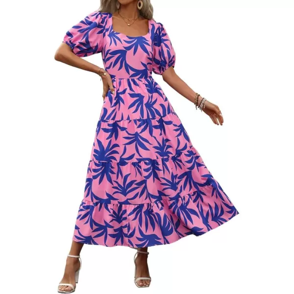 BTFBM Womens Boho Summer Dresses Short Sleeve Floral Print Smocked Tie Back Tiered ALine Flowy Cruise Vacation DressFloral Blue Pink