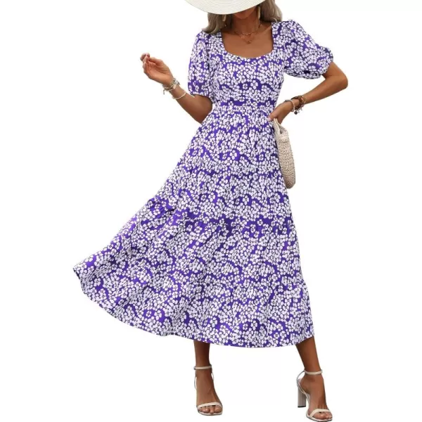 BTFBM Womens Boho Summer Dresses Short Sleeve Floral Print Smocked Tie Back Tiered ALine Flowy Cruise Vacation DressFloral White Purple