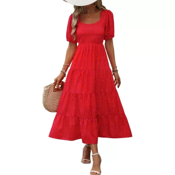BTFBM Womens Boho Summer Dresses Short Sleeve Floral Print Smocked Tie Back Tiered ALine Flowy Cruise Vacation DressLeopard Red