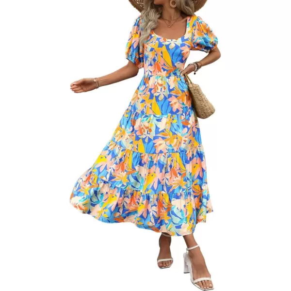 BTFBM Womens Boho Summer Dresses Short Sleeve Floral Print Smocked Tie Back Tiered ALine Flowy Cruise Vacation DressMulticolored Blue