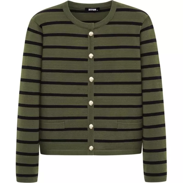 BTFBM Womens Cardigans Sweater 2024 Fall Striped Long Sleeve Button Down Crop Open Front Knit Outerwear Deco PocketsStriped Army Green Black