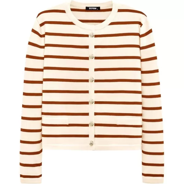 BTFBM Womens Cardigans Sweater 2024 Fall Striped Long Sleeve Button Down Crop Open Front Knit Outerwear Deco PocketsStriped Beige Caramel
