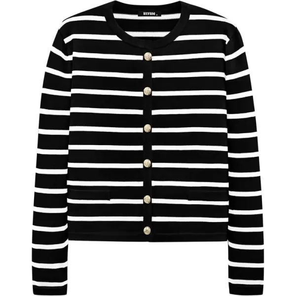 BTFBM Womens Cardigans Sweater 2024 Fall Striped Long Sleeve Button Down Crop Open Front Knit Outerwear Deco PocketsStriped Black White