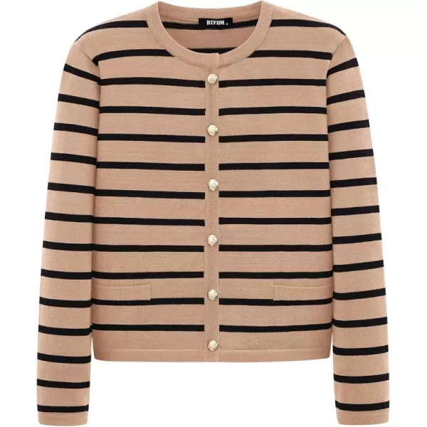 BTFBM Womens Cardigans Sweater 2024 Fall Striped Long Sleeve Button Down Crop Open Front Knit Outerwear Deco PocketsStriped Camel Black