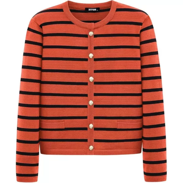 BTFBM Womens Cardigans Sweater 2024 Fall Striped Long Sleeve Button Down Crop Open Front Knit Outerwear Deco PocketsStriped Rust Red Black