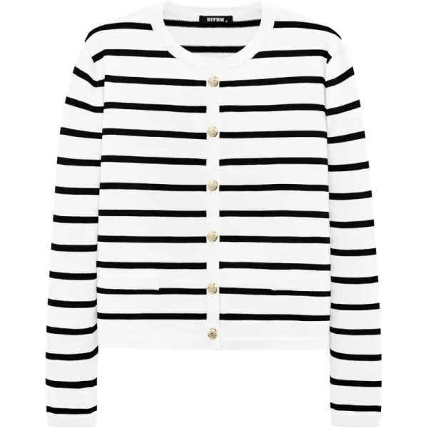 BTFBM Womens Cardigans Sweater 2024 Fall Striped Long Sleeve Button Down Crop Open Front Knit Outerwear Deco PocketsStriped White Black