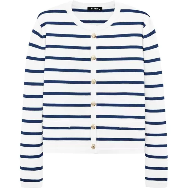 BTFBM Womens Cardigans Sweater 2024 Fall Striped Long Sleeve Button Down Crop Open Front Knit Outerwear Deco PocketsStriped White Blue