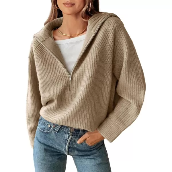 BTFBM Womens Casual Long Sleeve Half Zip Pullover Sweaters Solid V Neck Collar Ribbed Knitted Loose Slouchy Jumper TopsLight Khaki