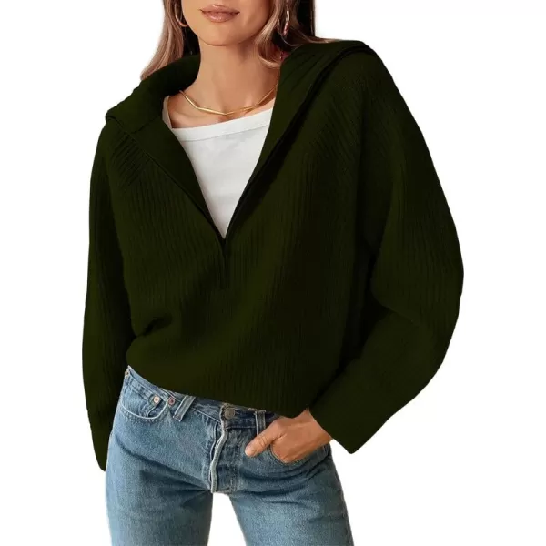 BTFBM Womens Casual Long Sleeve Half Zip Pullover Sweaters Solid V Neck Collar Ribbed Knitted Loose Slouchy Jumper TopsSolid Army Green