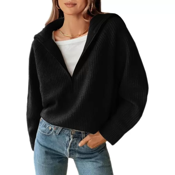 BTFBM Womens Casual Long Sleeve Half Zip Pullover Sweaters Solid V Neck Collar Ribbed Knitted Loose Slouchy Jumper TopsSolid Black