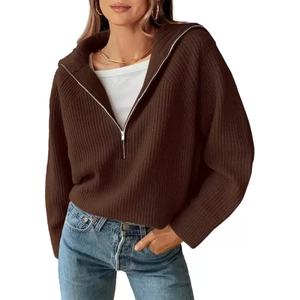 BTFBM Womens Casual Long Sleeve Half Zip Pullover Sweaters Solid V Neck Collar Ribbed Knitted Loose Slouchy Jumper TopsSolid Brown