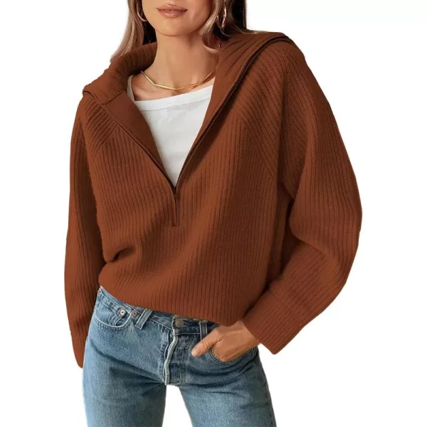 BTFBM Womens Casual Long Sleeve Half Zip Pullover Sweaters Solid V Neck Collar Ribbed Knitted Loose Slouchy Jumper TopsSolid Caramel