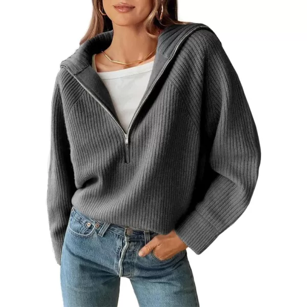 BTFBM Womens Casual Long Sleeve Half Zip Pullover Sweaters Solid V Neck Collar Ribbed Knitted Loose Slouchy Jumper TopsSolid Dark Grey