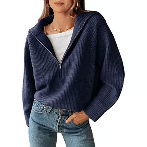 BTFBM Womens Casual Long Sleeve Half Zip Pullover Sweaters Solid V Neck Collar Ribbed Knitted Loose Slouchy Jumper TopsSolid Denim Blue