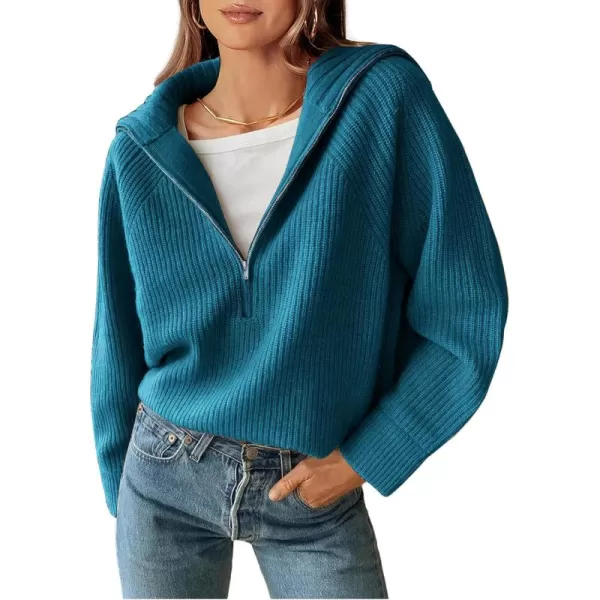 BTFBM Womens Casual Long Sleeve Half Zip Pullover Sweaters Solid V Neck Collar Ribbed Knitted Loose Slouchy Jumper TopsSolid Grey Blue
