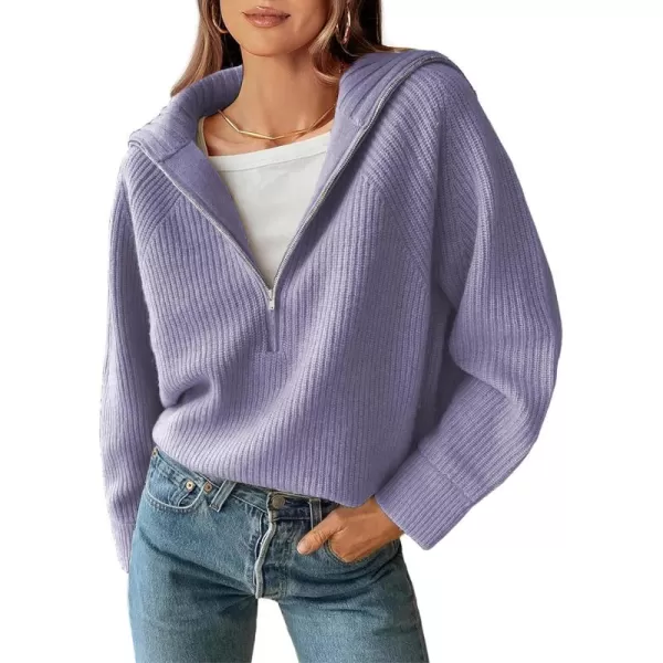 BTFBM Womens Casual Long Sleeve Half Zip Pullover Sweaters Solid V Neck Collar Ribbed Knitted Loose Slouchy Jumper TopsSolid Grey Purple