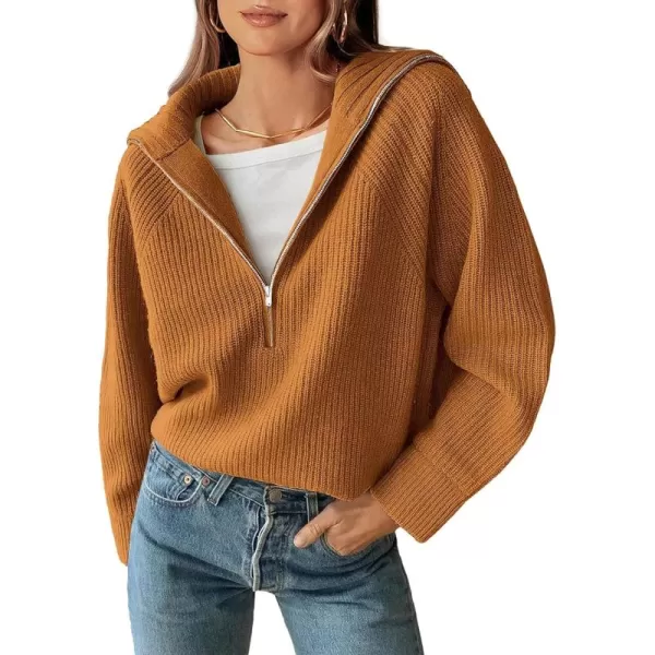 BTFBM Womens Casual Long Sleeve Half Zip Pullover Sweaters Solid V Neck Collar Ribbed Knitted Loose Slouchy Jumper TopsSolid Khaki