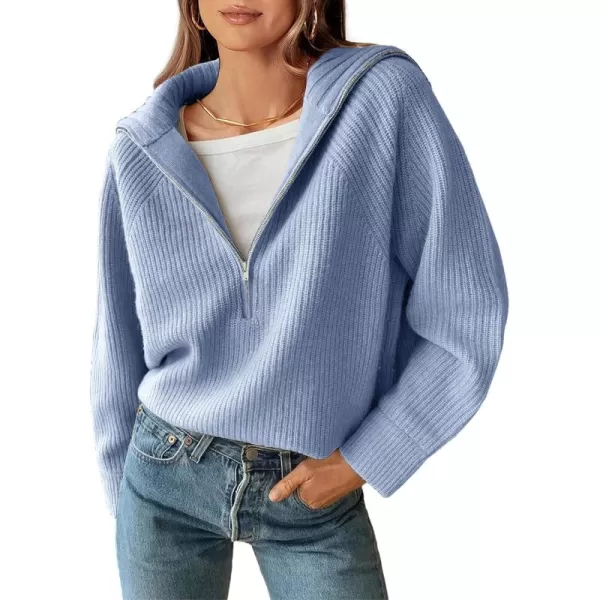 BTFBM Womens Casual Long Sleeve Half Zip Pullover Sweaters Solid V Neck Collar Ribbed Knitted Loose Slouchy Jumper TopsSolid Light Blue
