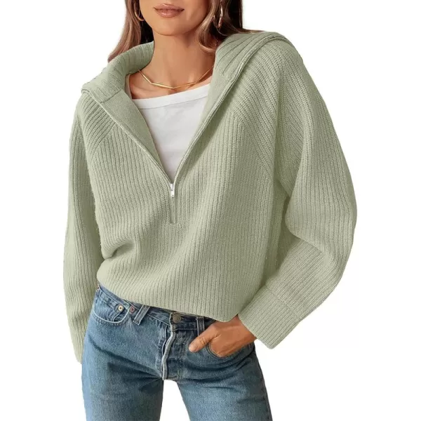 BTFBM Womens Casual Long Sleeve Half Zip Pullover Sweaters Solid V Neck Collar Ribbed Knitted Loose Slouchy Jumper TopsSolid Light Green