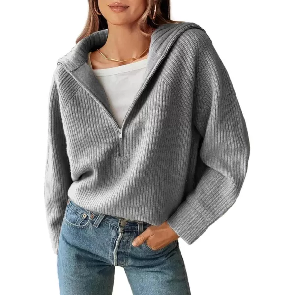 BTFBM Womens Casual Long Sleeve Half Zip Pullover Sweaters Solid V Neck Collar Ribbed Knitted Loose Slouchy Jumper TopsSolid Light Grey