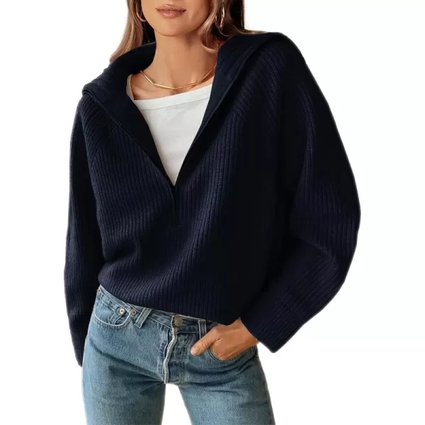 BTFBM Womens Casual Long Sleeve Half Zip Pullover Sweaters Solid V Neck Collar Ribbed Knitted Loose Slouchy Jumper TopsSolid Navy