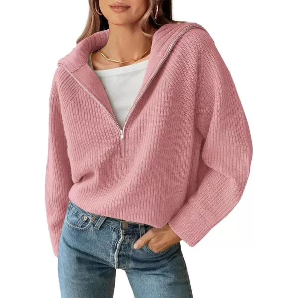 BTFBM Womens Casual Long Sleeve Half Zip Pullover Sweaters Solid V Neck Collar Ribbed Knitted Loose Slouchy Jumper TopsSolid Pink
