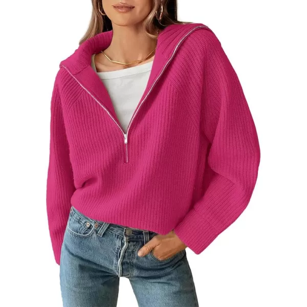 BTFBM Womens Casual Long Sleeve Half Zip Pullover Sweaters Solid V Neck Collar Ribbed Knitted Loose Slouchy Jumper TopsSolid Rose Red