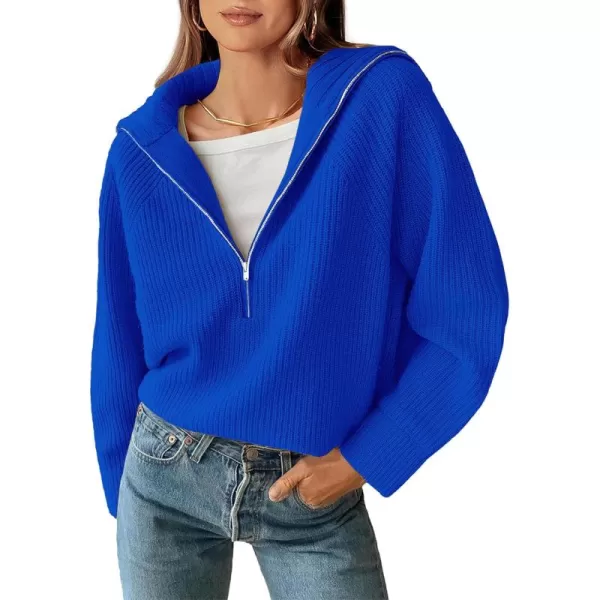 BTFBM Womens Casual Long Sleeve Half Zip Pullover Sweaters Solid V Neck Collar Ribbed Knitted Loose Slouchy Jumper TopsSolid Royal Blue