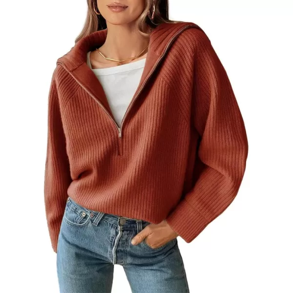 BTFBM Womens Casual Long Sleeve Half Zip Pullover Sweaters Solid V Neck Collar Ribbed Knitted Loose Slouchy Jumper TopsSolid Rust Red
