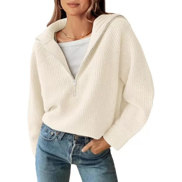 BTFBM Womens Casual Long Sleeve Half Zip Pullover Sweaters Solid V Neck Collar Ribbed Knitted Loose Slouchy Jumper TopsSolid White