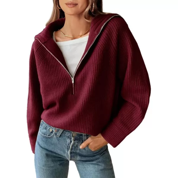 BTFBM Womens Casual Long Sleeve Half Zip Pullover Sweaters Solid V Neck Collar Ribbed Knitted Loose Slouchy Jumper TopsSolid Wine Red