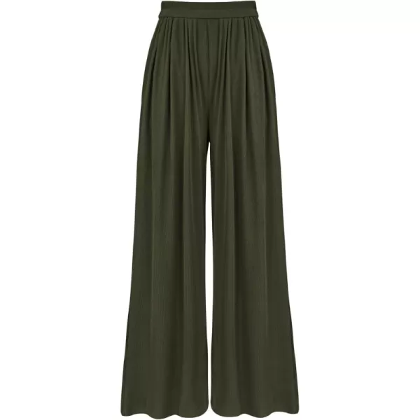 BTFBM Womens Casual Wide Leg Pants Summer Fall Clothes Pleated Elastic Waist Loose Palazzo Knit Trousers with PocketsSolid Army Green