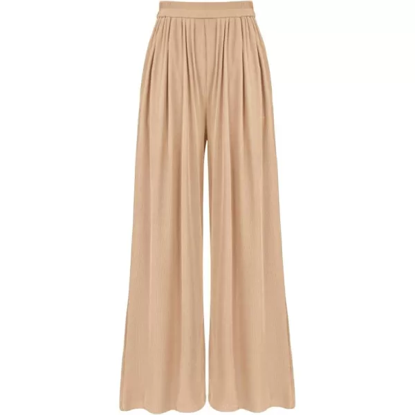 BTFBM Womens Casual Wide Leg Pants Summer Fall Clothes Pleated Elastic Waist Loose Palazzo Knit Trousers with PocketsSolid Beige
