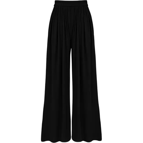 BTFBM Womens Casual Wide Leg Pants Summer Fall Clothes Pleated Elastic Waist Loose Palazzo Knit Trousers with PocketsSolid Black