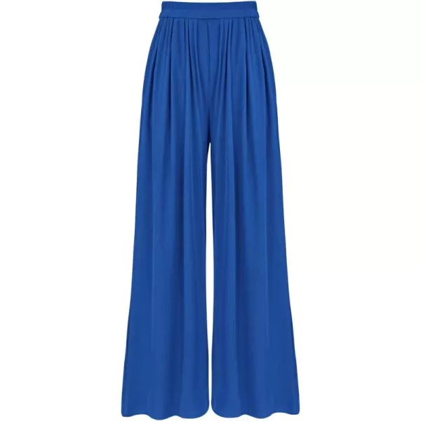 BTFBM Womens Casual Wide Leg Pants Summer Fall Clothes Pleated Elastic Waist Loose Palazzo Knit Trousers with PocketsSolid Blue