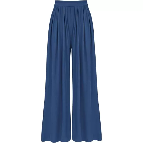 BTFBM Womens Casual Wide Leg Pants Summer Fall Clothes Pleated Elastic Waist Loose Palazzo Knit Trousers with PocketsSolid Dark Blue